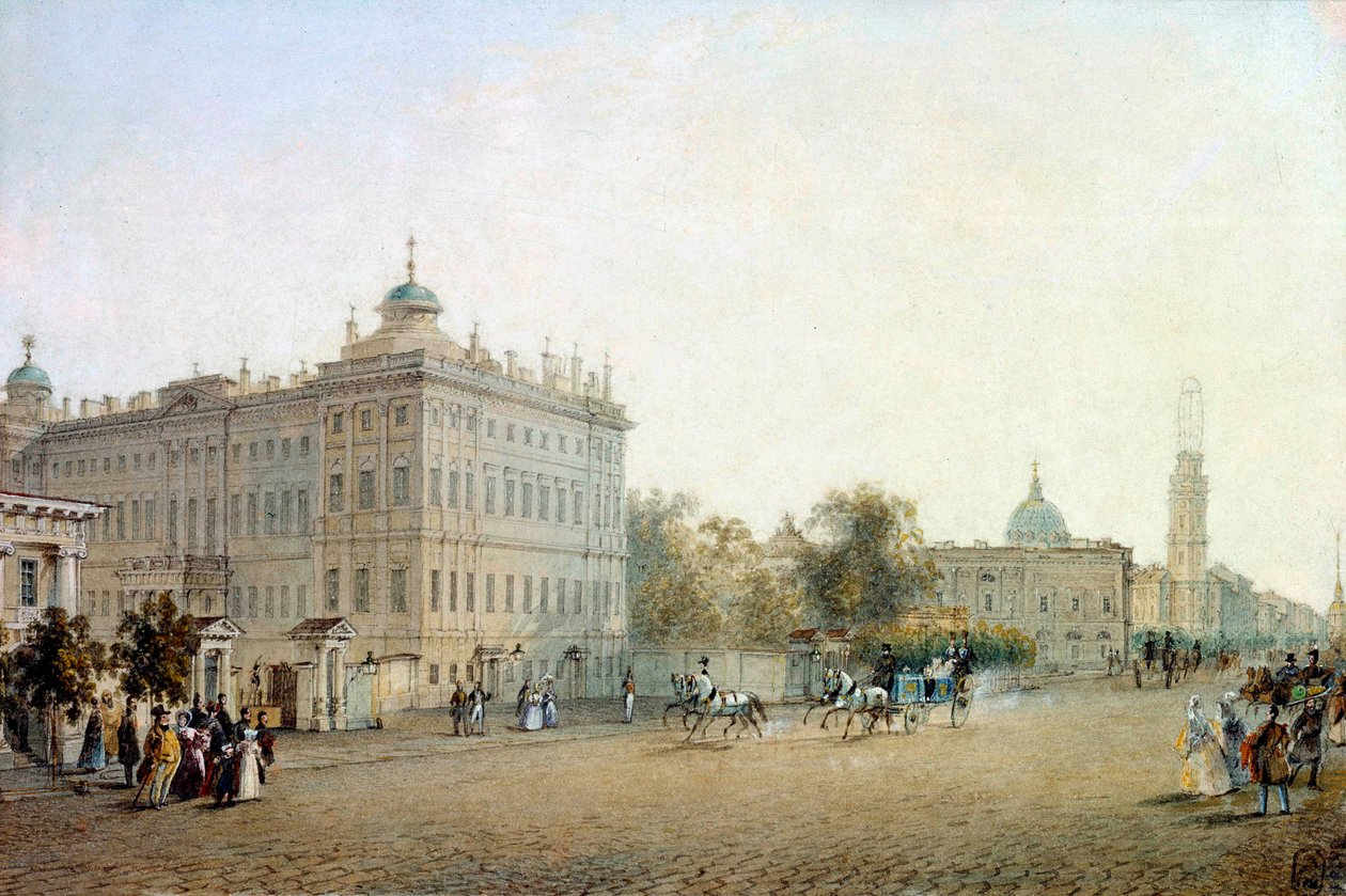 منظر لمنظور نيفسكي (نيفسكي) في سانت بطرسبرغ عام 1830. لوحة مائية روسية بقلم فاسيلي سادوفنيكوف (1800-1879) 1830 سانت بطرسبرغ. مكتبة الارميتاج بواسطة فاسيلي سيمينوفيتش سادوفنيكوف