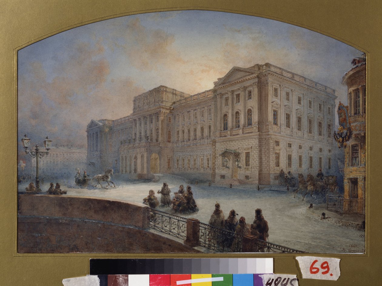 منظر لقصر مارلينسكي في الشتاء (سانت بطرسبرغ). عمل فاسيلي سيميونوفيتش سادوفنيكوف (1800-1879) ، لوحة مائية على ورق بواسطة فاسيلي سيمينوفيتش سادوفنيكوف