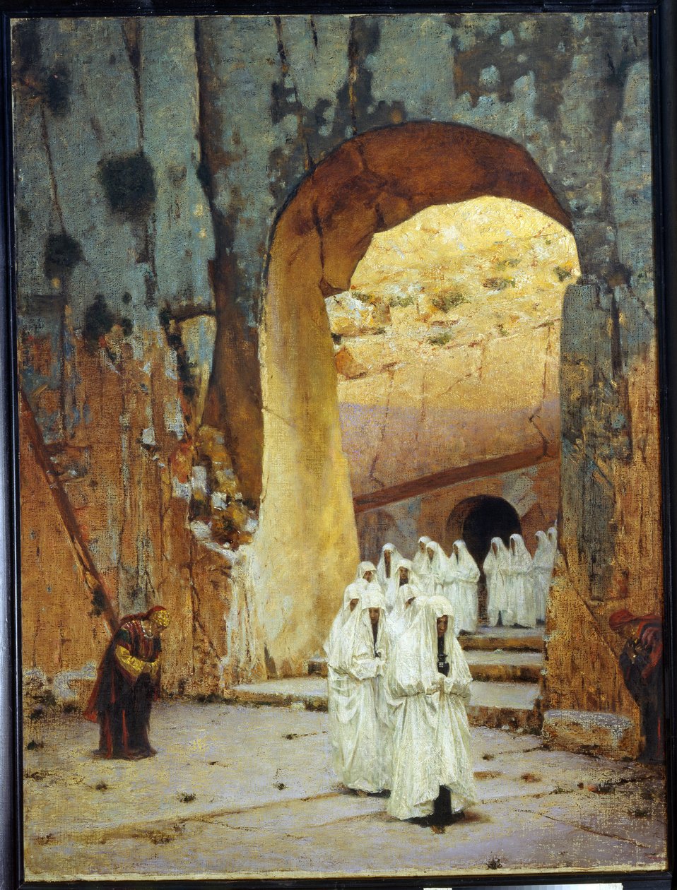 في القدس (إسرائيل). القبر الملكي ليهوذا. (في القدس. القبر الملكي ليهوذا). خرج من قبر ملوك يهوذا موكب من الشخصيات يرتدون الزي الأبيض. امرأة تنحني باحترام لتلقي التحية عليهم أثناء مرورهم. لوحة من بواسطة Vasili Vasilievich Vereshchagin