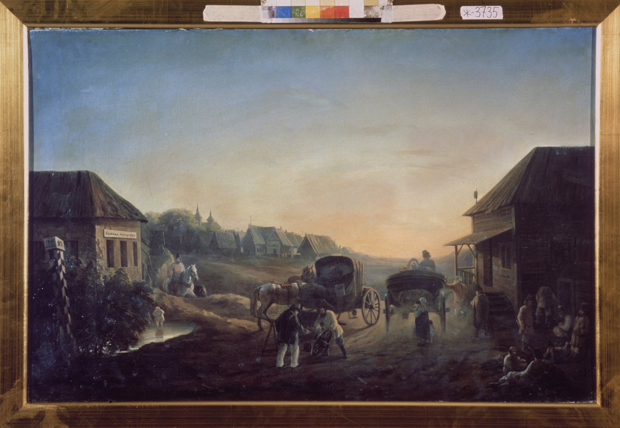 محطة Stagecoach. لوحة لفاسيلي فاسيليفيتش سامويلوف (1813-1887) ، زيت على قماش بواسطة فاسيلي فاسيليفيتش سامويلوف