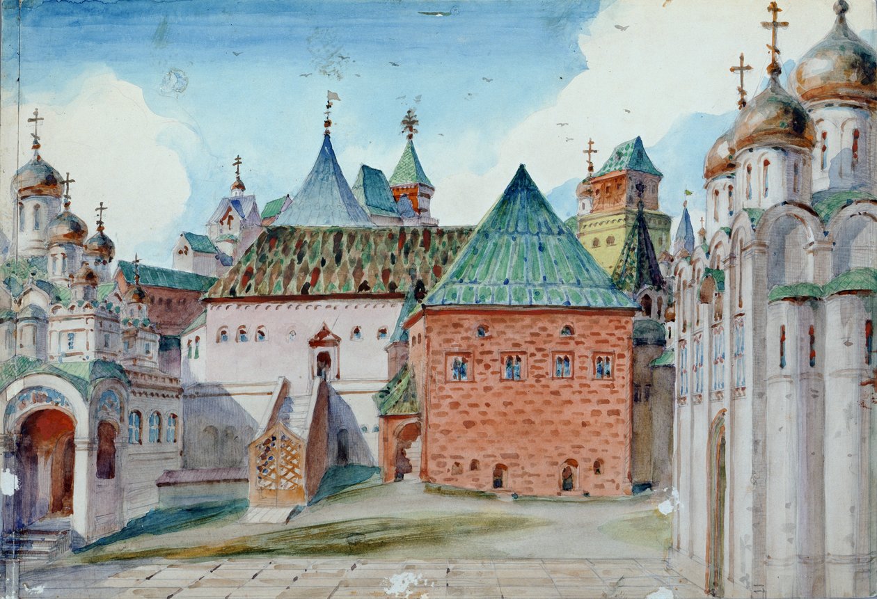 تصميم المسرح لأوبرا متواضعة موسورجسكي "بوريس جودونوف" ، 1916 بواسطة فاسيلي دميترييفيتش بولينوف