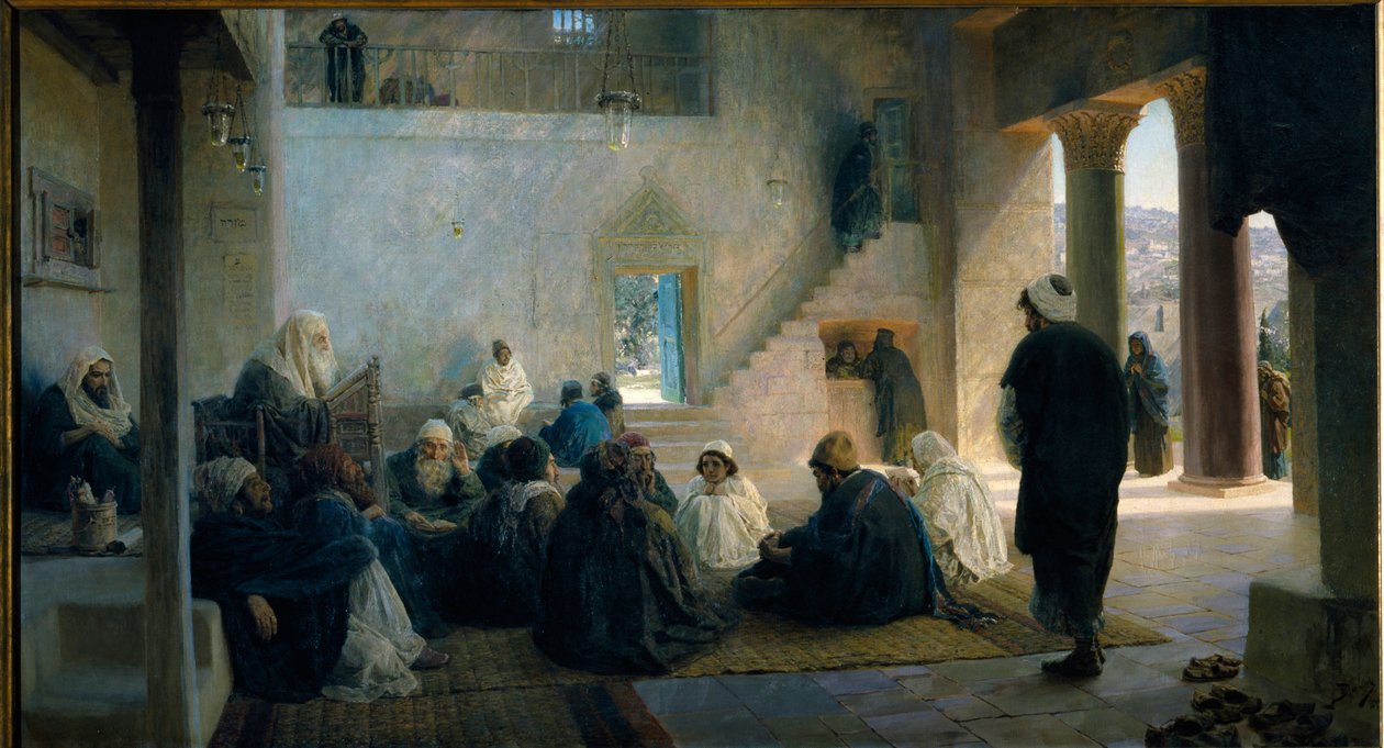 المسيح بين دكاترة الناموس. لوحة لفاسيلي دميترييفيتش بولينوف (1844-1927) ، زيت على قماش بواسطة فاسيلي دميترييفيتش بولينوف
