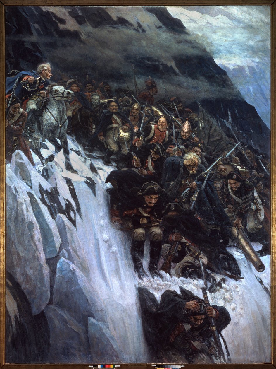 الحملة الإيطالية (1799-1800): مسيرة ألكسندر سوفوروف (Suwarow أو Souwarow Rimniski أو Rimnitskoi) (1729-1800) والقوات الروسية عبر جبال الألب في 1799 - مسيرة سوفوروف عبر جبال الألب عام 1799 - رسم فاسيلي إيفانوفيتش سوريكوف بواسطة فاسيليج إيفانوفيتش سوريكوف