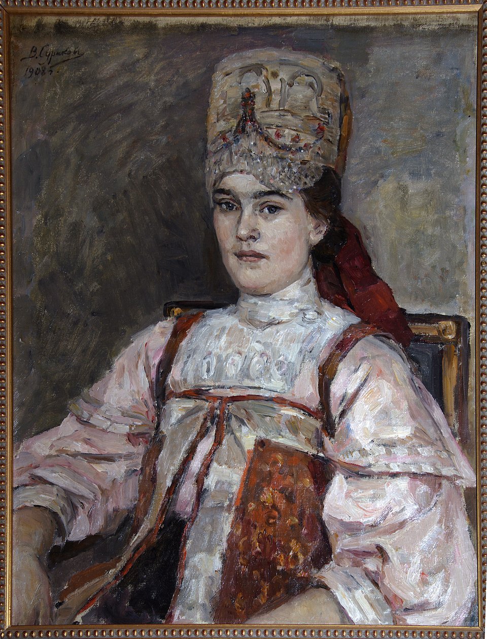 Portrait de Natalia Fyodorovna Matveyeva - Peinture de Vasilli Ivanovich Sourikov (Vasily Surikov ou Vassili Surikow) (1848-1916)، huile sur toile (69x58 cm) 1908 - Portrait of Natalia Fyodorovna Matveyeva، Oil on Canvas بواسطة Surasikov Ivanov بواسطة فاسيليج إيفانوفيتش سوريكوف