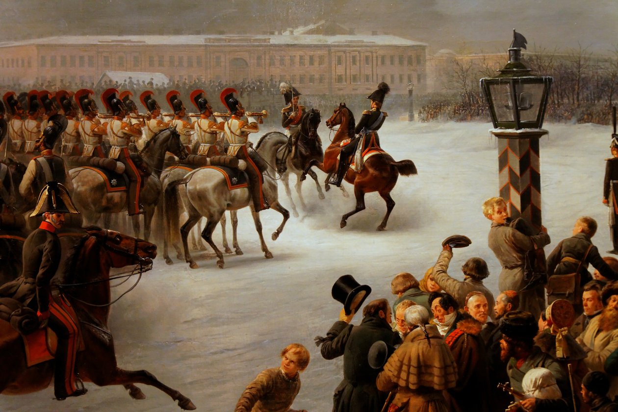 هجوم على ساحة ديكابريستس من قبل فوج حراس الخيول في 14 ديسمبر 1825 بواسطة جورج فيلهلم تيم