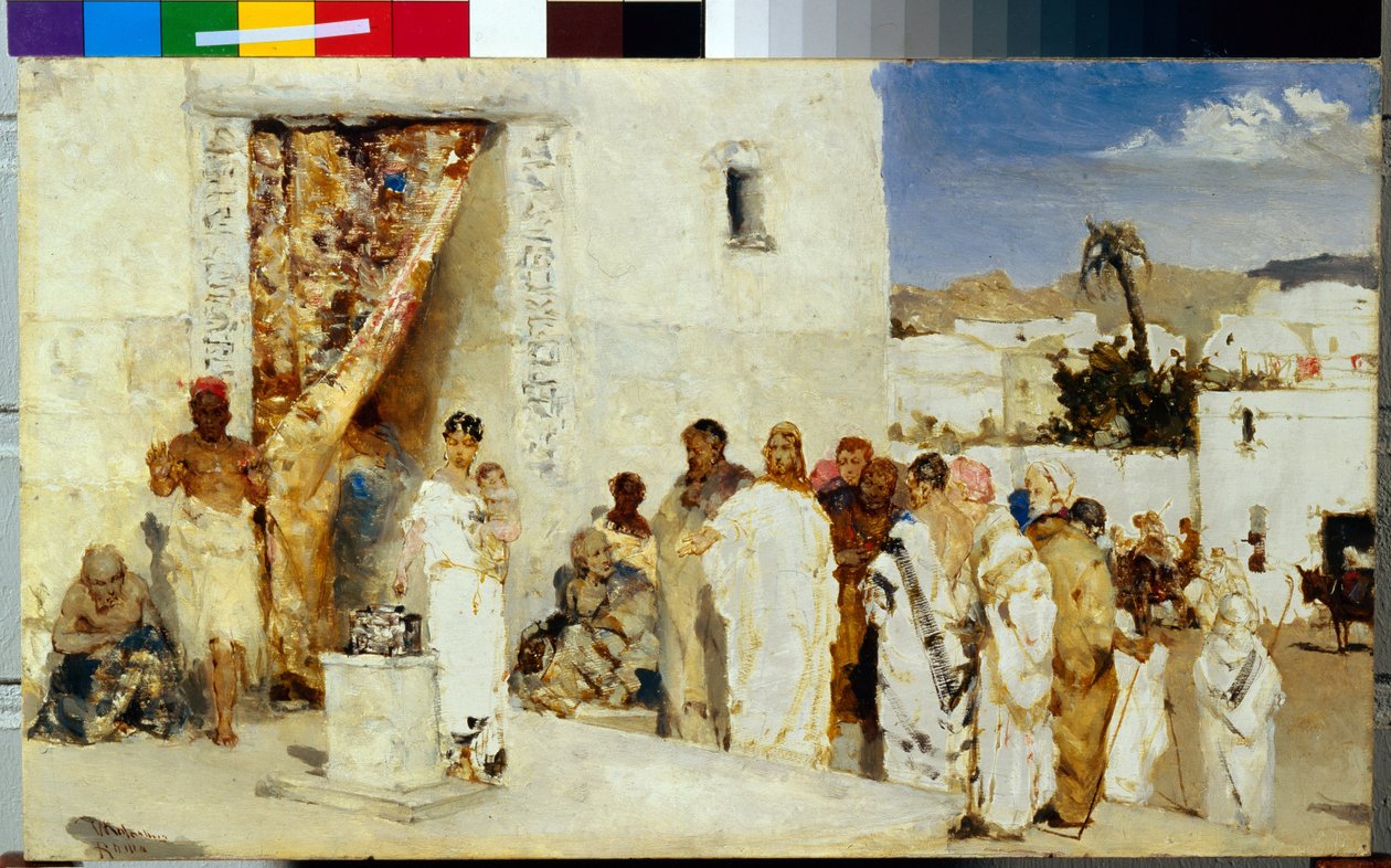 Lobole de la veuve (عثة الأرملة) (في المعبد ، أكد يسوع لتلاميذه على قيمة عرض الأرملة المدقع والصادق) - لوحة لفاسيلي (فيلهلم) ألكساندروفيتش كوتاربنسكي (1849-1921) ، زيت على خشب (23.8 × 40 سم) ، حوالي 1890 - ستات بواسطة فاسيلي الكسندروفيتش كوتاربنسكي