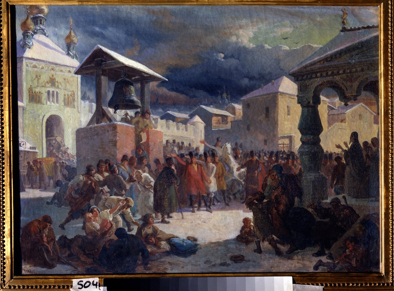 veche (التجمع الشعبي للبلدان السلافية في العصور الوسطى) في جمهورية نوفغورود (veche في جمهورية نوفغورود). لوحة لفاسيلي غريغوريفيتش خودياكوف (1826-1871). زيت على قماش بواسطة فاسيلي غريغوريفيتش خودياكوف