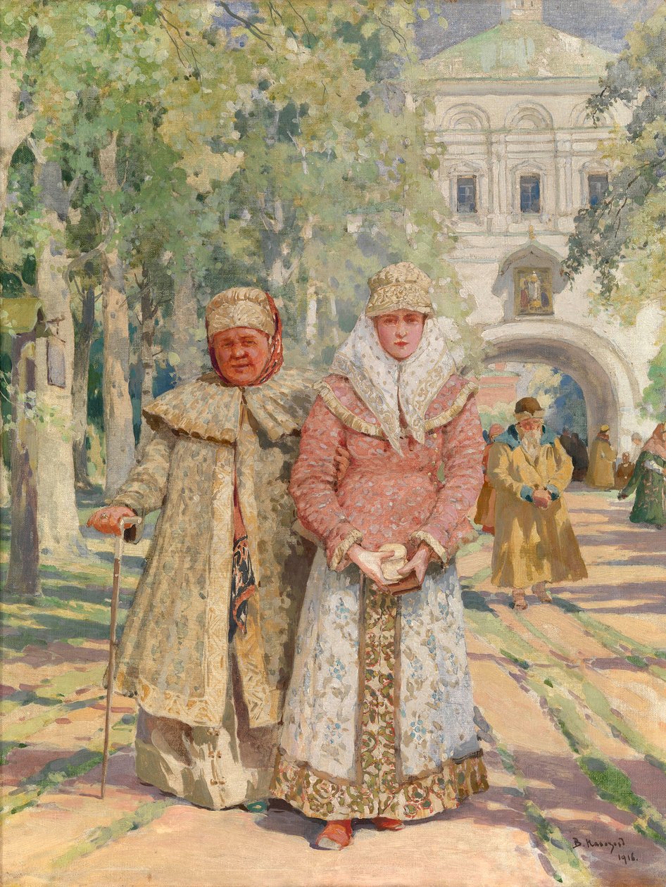 خارج بوابة الدير - لوحة لفاسيلي إيفانوفيتش نافوزوف (1862-1919) ، زيت على قماش (49 × 41.5 سم) بواسطة فاسيلي إيفانوفيتش نافوزوف