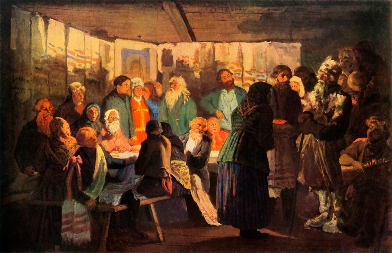 "الساحر يصل إلى عرس القرية" ، 1874 ، 1965. بواسطة فاسيلي ماكسيموف