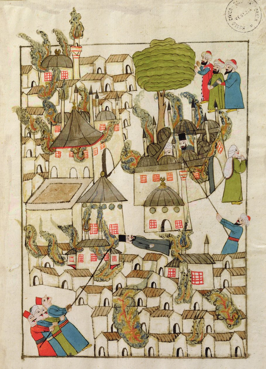 السيدة cicogna 1971 ، مصغرة من "Memorie Turchesche" تصور الحريق الكبير في القسطنطينية عام 1660 بواسطة مدرسة البندقية
