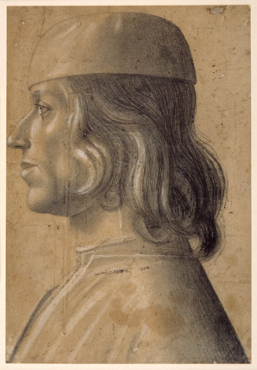 Bust-length portrait of a man in profile to left, wearing a cap بواسطة مدرسة البندقية