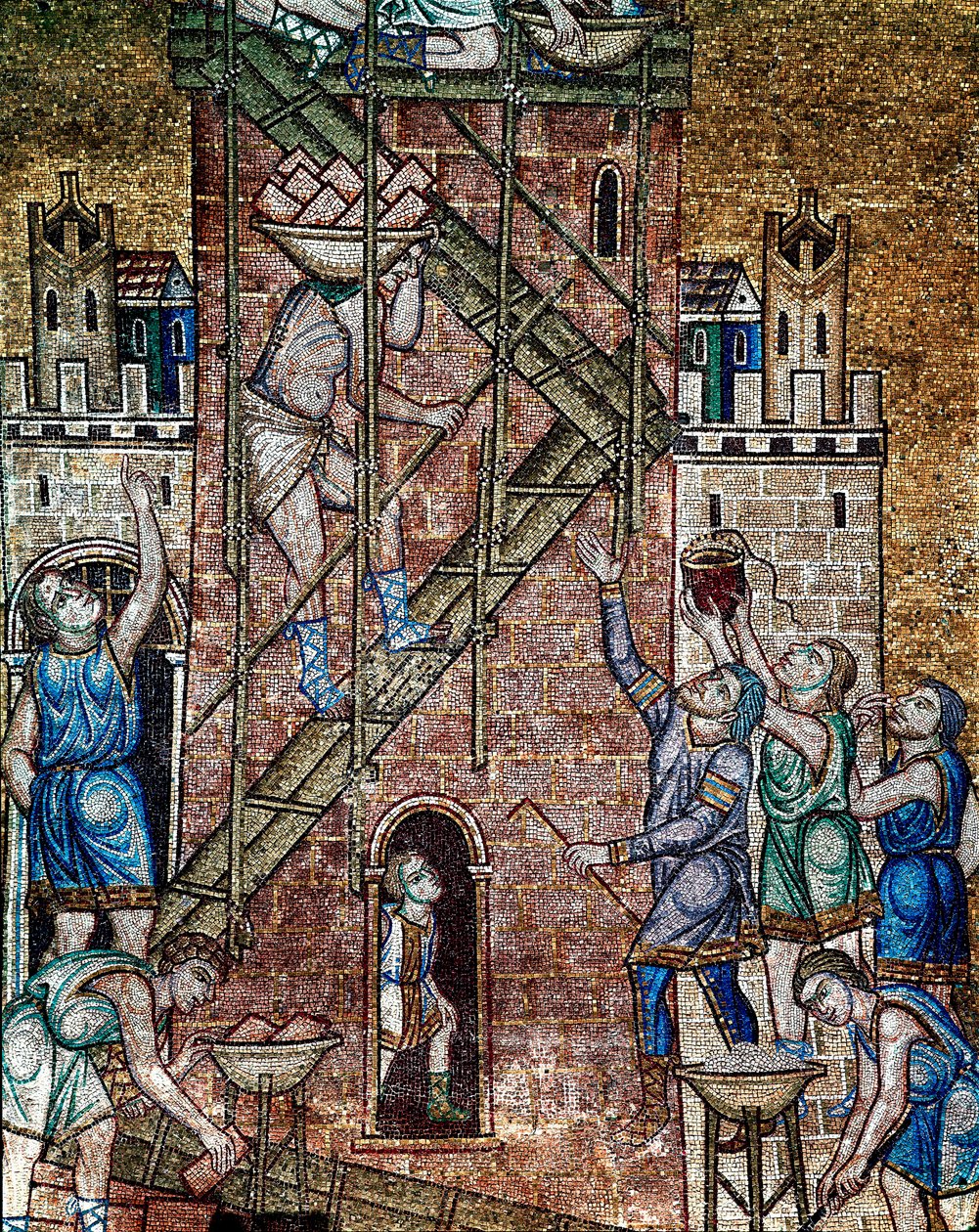 العمارة البيزنطية: "" بناء برج بابل "" في الموقع ، قام عمال البناء ، المثبتون على السقالات ، بوضع حجارة البرج. فسيفساء من صنع فناني البندقية من القرن الثالث عشر بازيليكا دي سان ماركو (كنيسة القديس مرقس) ، البندقية بواسطة مدرسة فينيتو البيزنطية