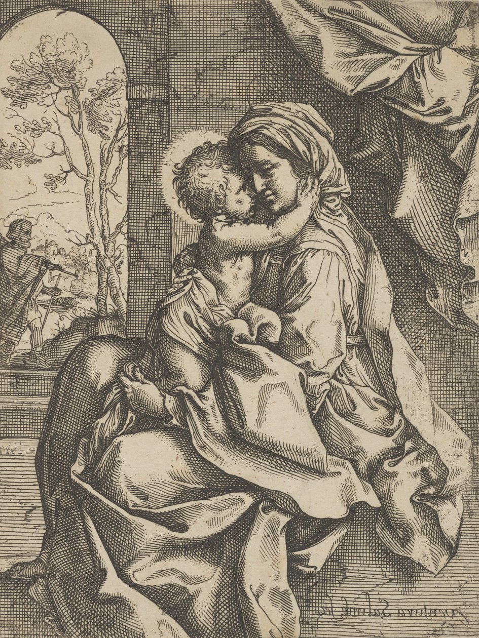 جلست العذراء مع المسيح الطفل في حضنها تعانقها ، ورأى يوسف في كل مكان. 1600-1613. بواسطة فينتورا ساليمبيني