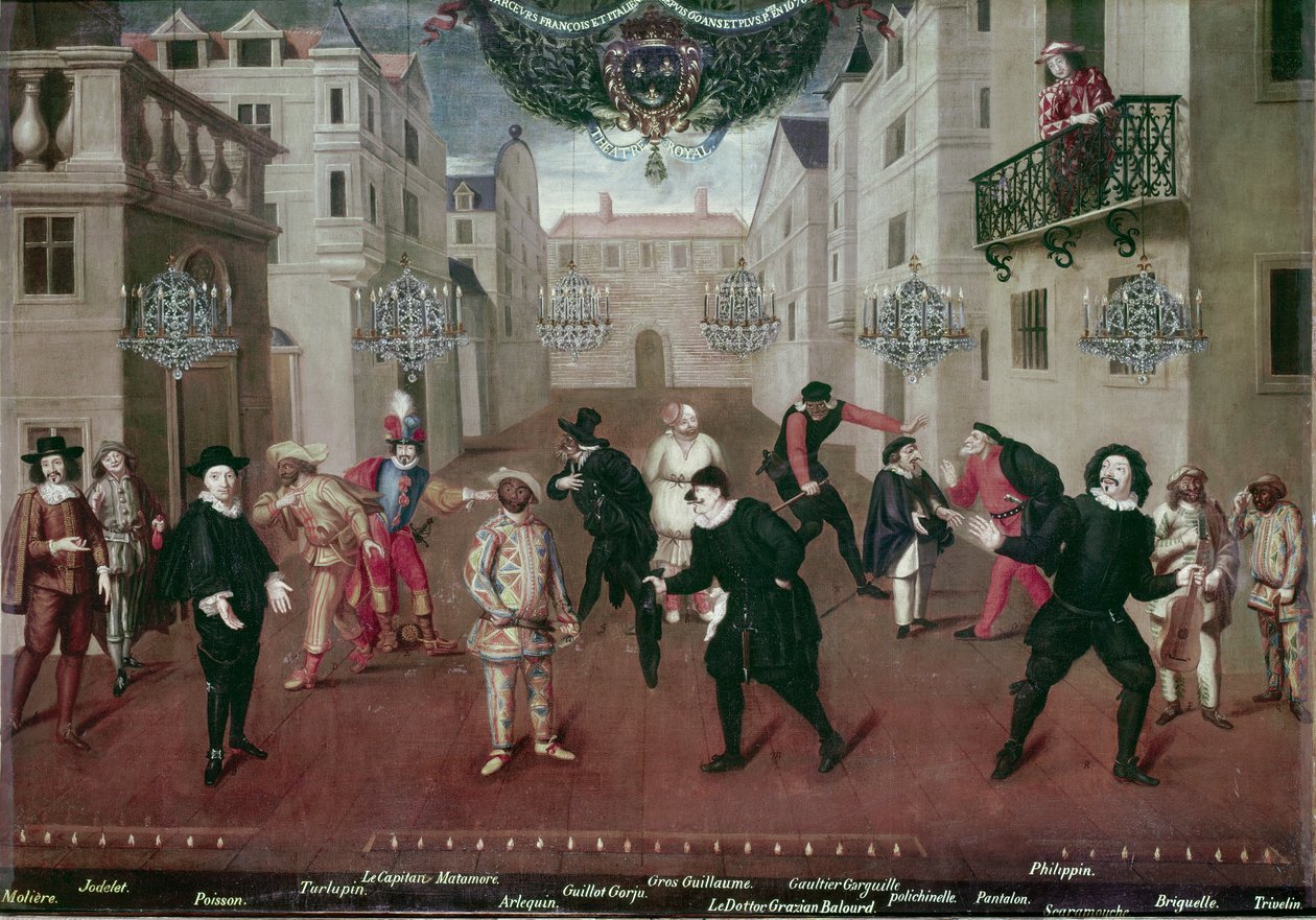 Commedia dell'Arte: "" المهرجون الفرنسيون والإيطاليون لمدة 60 عامًا وأكثر: (من اليسار إلى اليمين) الممثل الكوميدي والكاتب المسرحي موليير في زي Arnolphe و Jodelet و Poisson و Tarlupin و Captain Matamore و Harlequin و Guillot Gorju و Guillaume  بواسطة فيريو (سمة إلى)