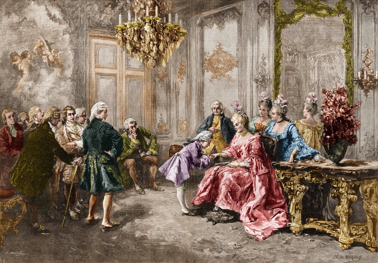 وولفانج أماديوس موزارت (1756-1791) في مدام (ماركيز) دي بومبادور (عائلة موتسارت ، أثناء الجولة في أوروبا) (1763-1766) نقش بعد لوحة إم في دي باريديس. بواسطة فيسنتي دي (بعد) باريديس