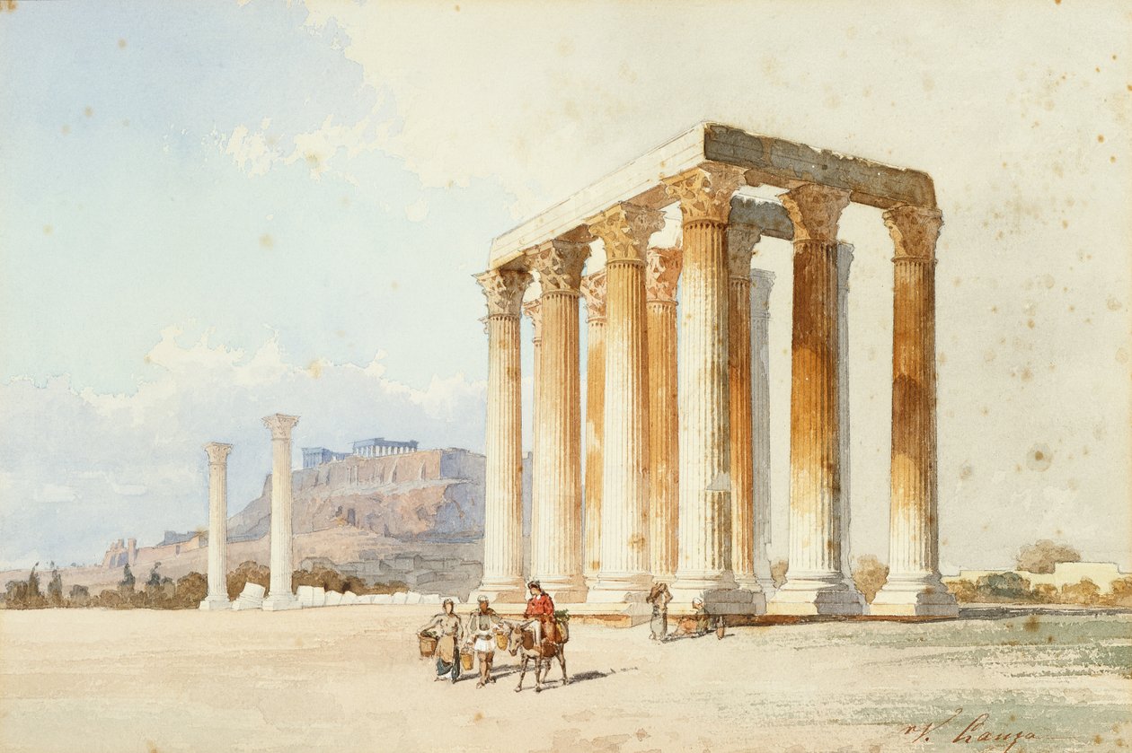 معبد زيوس مع الأكروبوليس، البارثينون، أثينا (الألوان المائية وألوان الجسم) بواسطة فيسينزو لانزا