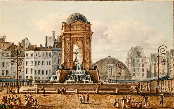 منظر للمكان والنافورة في Marche des Innocents ، باريس ، c.1810 (مرحاض على ورق) بواسطة فيكتور جان نيكول