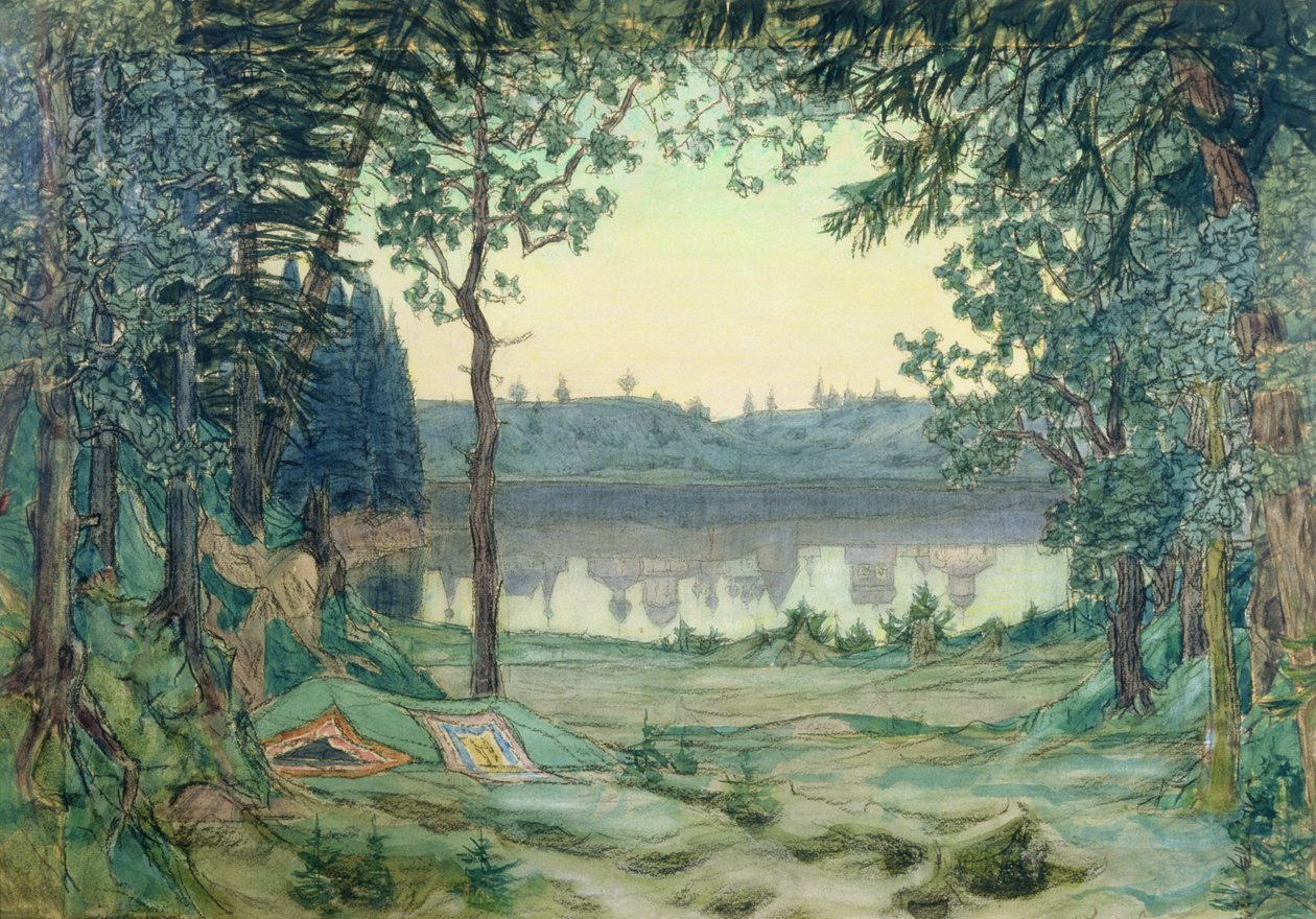 تصميم المسرح لـ "Legend of the Invisble Town Kitezh" من ريمسكي كورساكوف ، 1907 (مرحاض ، فضي و برونزي على ورق) بواسطة فيكتور ميخائيلوفيتش فاسنيتسوف