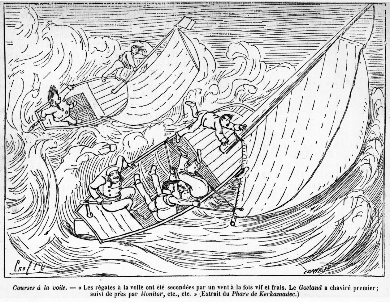 Sailboat racing, capsized boats: “” the sailing regattas were supported by a strong and fresh wind. The boat the Goeland capsized first, followed very closely by Monitor...”” - drawing by Crafty, in “” The Centaur”””. بواسطة فيكتور جيروزيز