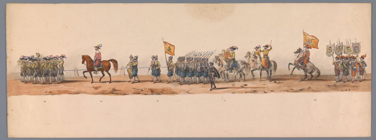 موكب تاريخي في الذكرى المئوية الثانية لجامعة أوترخت ، 1836 (اللوحة 7) مسيرة الجيش الهولندي إلى أوستند ، 3 يوليو 1600 ، في اليوم التالي للانتصار في Nieuwpoort ؛ وفقًا للأداء المليء بالملابس الذي قدمه H H Student بواسطة فيكتور آدم