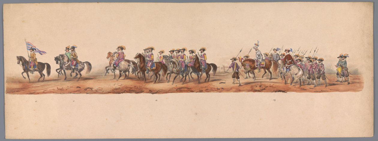 موكب تاريخي في الذكرى المئوية الثانية لجامعة أوترخت ، 1836 (اللوحة 5) مسيرة الجيش الهولندي إلى أوستند ، 3 يوليو 1600 ، في اليوم التالي للانتصار في Nieuwpoort ؛ وفقًا للأداء المليء بالملابس الذي قدمه H H Student بواسطة فيكتور آدم
