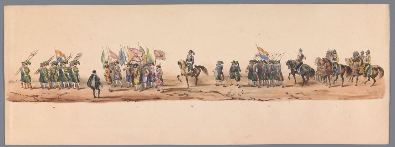 موكب تاريخي في الذكرى المئوية الثانية لجامعة أوترخت ، 1836 (اللوحة 9) مسيرة الجيش الهولندي إلى أوستند ، 3 يوليو 1600 ، في اليوم التالي للانتصار في Nieuwpoort ؛ وفقًا للأداء المليء بالملابس الذي قدمه H H Student بواسطة فيكتور آدم