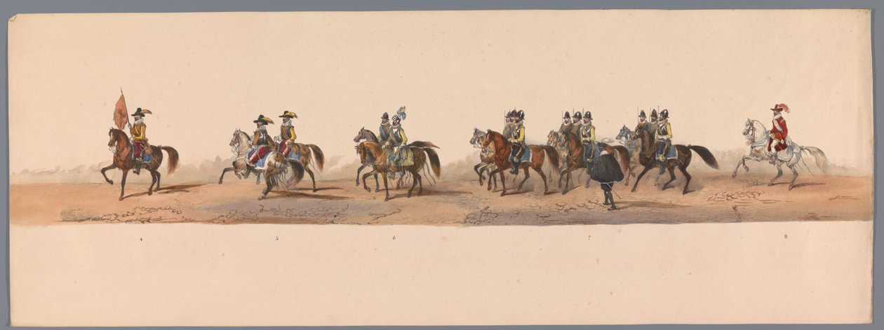 موكب تاريخي في الذكرى المئوية الثانية لجامعة أوترخت ، 1836 (اللوحة 2) مسيرة الجيش الهولندي إلى أوستند ، 3 يوليو 1600 ، في اليوم التالي للانتصار في Nieuwpoort ؛ وفقًا للأداء المليء بالملابس الذي قدمه H H Student بواسطة فيكتور آدم