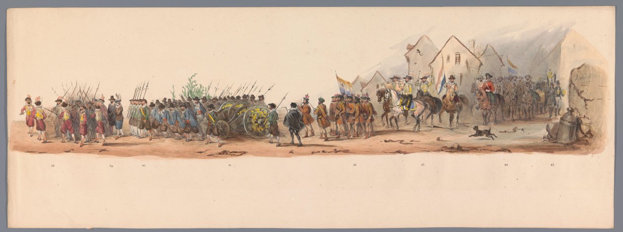 موكب تاريخي في الذكرى المئوية الثانية لجامعة أوترخت ، 1836 (اللوحة 10) مسيرة الجيش الهولندي إلى أوستند ، 3 يوليو 1600 ، في اليوم التالي للانتصار في Nieuwpoort ؛ وفقًا للأداء المليء بالملابس الذي قدمه H H Studen بواسطة فيكتور آدم