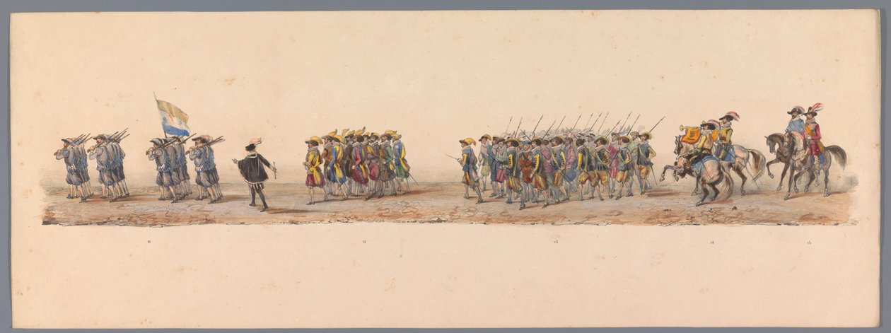 موكب تاريخي في الذكرى المئوية الثانية لجامعة أوترخت ، 1836 (اللوحة 4) مسيرة الجيش الهولندي إلى أوستند ، 3 يوليو 1600 ، في اليوم التالي للانتصار في Nieuwpoort ؛ وفقًا للأداء المليء بالملابس الذي قدمه H H Student بواسطة فيكتور آدم