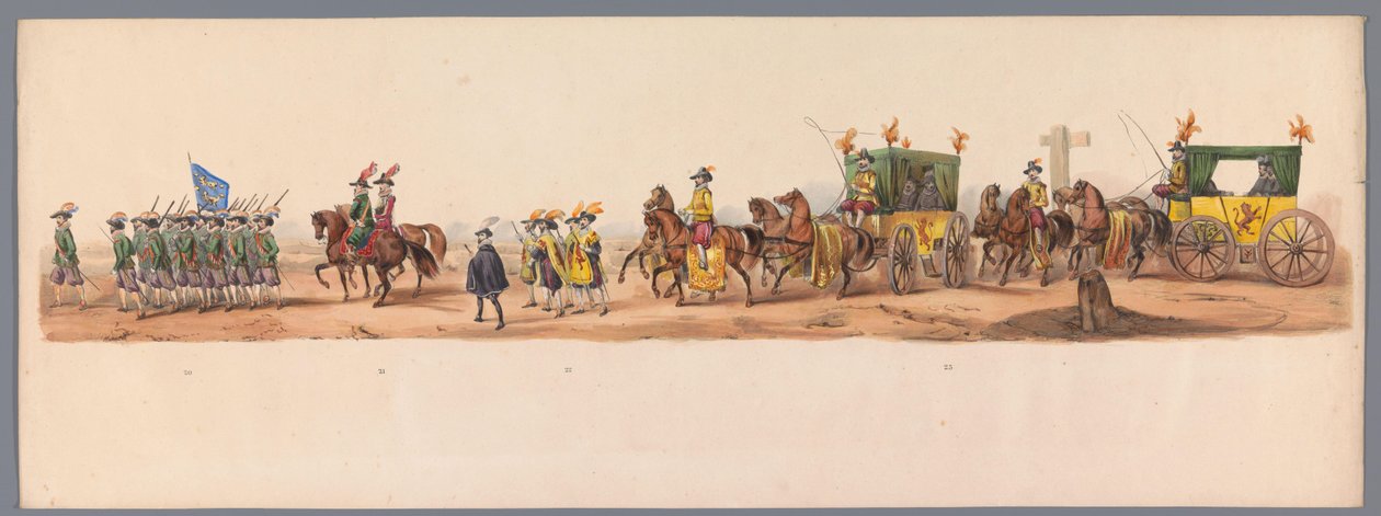 موكب تاريخي في الذكرى المئوية الثانية لجامعة أوترخت ، 1836 (اللوحة 6) مسيرة الجيش الهولندي إلى أوستند ، 3 يوليو 1600 ، في اليوم التالي للانتصار في Nieuwpoort ؛ وفقًا للأداء المليء بالملابس الذي قدمه H H Student بواسطة فيكتور آدم