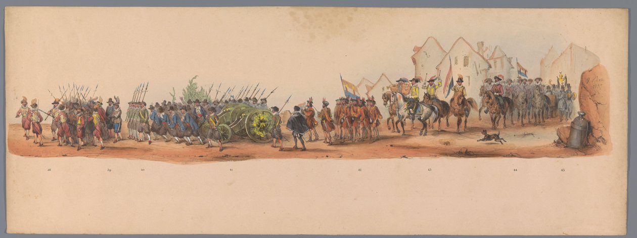 موكب تاريخي في الذكرى المئوية الثانية لجامعة أوترخت ، 1836 (اللوحة 10) مسيرة الجيش الهولندي إلى أوستند ، 3 يوليو 1600 ، في اليوم التالي للانتصار في Nieuwpoort ؛ وفقًا للأداء المليء بالملابس الذي قدمه H H Studen بواسطة فيكتور آدم
