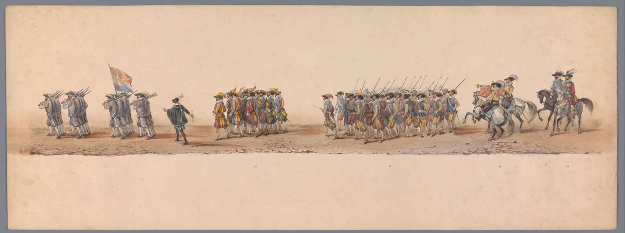 موكب تاريخي في الذكرى المئوية الثانية لجامعة أوترخت ، 1836 (اللوحة 4) مسيرة الجيش الهولندي إلى أوستند ، 3 يوليو 1600 ، في اليوم التالي للانتصار في Nieuwpoort ؛ وفقًا للأداء المليء بالملابس الذي قدمه H H Student بواسطة فيكتور آدم