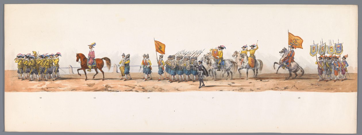موكب تاريخي في الذكرى المئوية الثانية لجامعة أوترخت ، 1836 (اللوحة 7) مسيرة الجيش الهولندي إلى أوستند ، 3 يوليو 1600 ، في اليوم التالي للانتصار في Nieuwpoort ؛ وفقًا للأداء المليء بالملابس الذي قدمه H H Student بواسطة فيكتور آدم