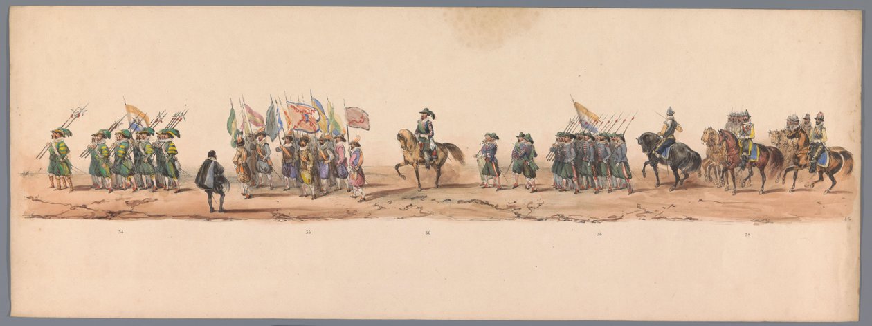 موكب تاريخي في الذكرى المئوية الثانية لجامعة أوترخت ، 1836 (اللوحة 9) مسيرة الجيش الهولندي إلى أوستند ، 3 يوليو 1600 ، في اليوم التالي للانتصار في Nieuwpoort ؛ وفقًا للأداء المليء بالملابس الذي قدمه H H Student بواسطة فيكتور آدم