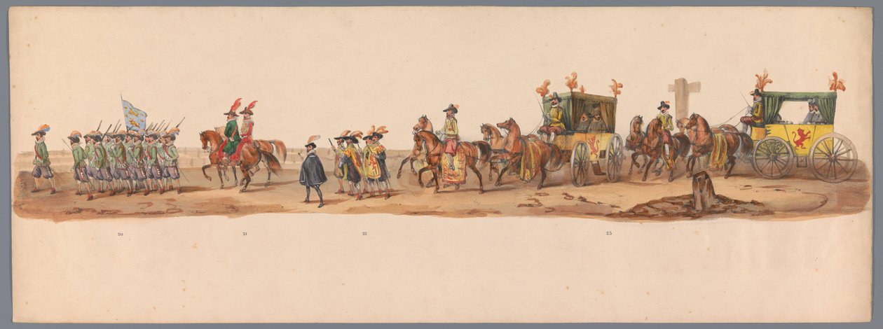 موكب تاريخي في الذكرى المئوية الثانية لجامعة أوترخت ، 1836 (اللوحة 6) مسيرة الجيش الهولندي إلى أوستند ، 3 يوليو 1600 ، في اليوم التالي للانتصار في Nieuwpoort ؛ وفقًا للأداء المليء بالملابس الذي قدمه H H Student بواسطة فيكتور آدم