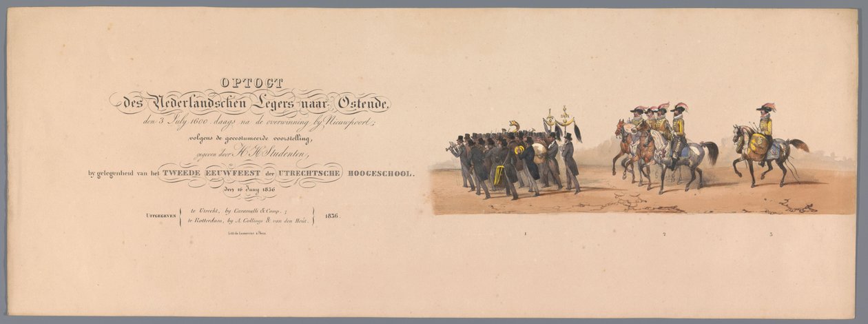 موكب تاريخي في الذكرى المئوية الثانية لجامعة أوترخت ، 1836 (طباعة العنوان) مسيرة الجيش الهولندي إلى أوستند ، 3 يوليو 1600 ، في اليوم التالي للانتصار في Nieuwpoort ؛ وفقًا للأداء المليء بالملابس الذي قدمه H H Stud بواسطة فيكتور آدم