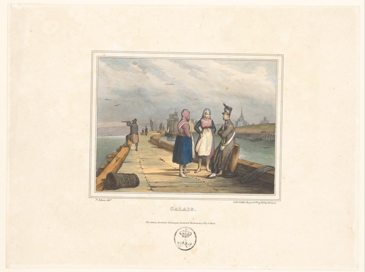 فتاتان وجندي على منصة الإنزال في كاليه كاليه (العنوان على الكائن) أزياء سكان مدن الموانئ (عنوان السلسلة) Costumes de marins، dessinés dans les port (عنوان السلسلة) بواسطة فيكتور آدم