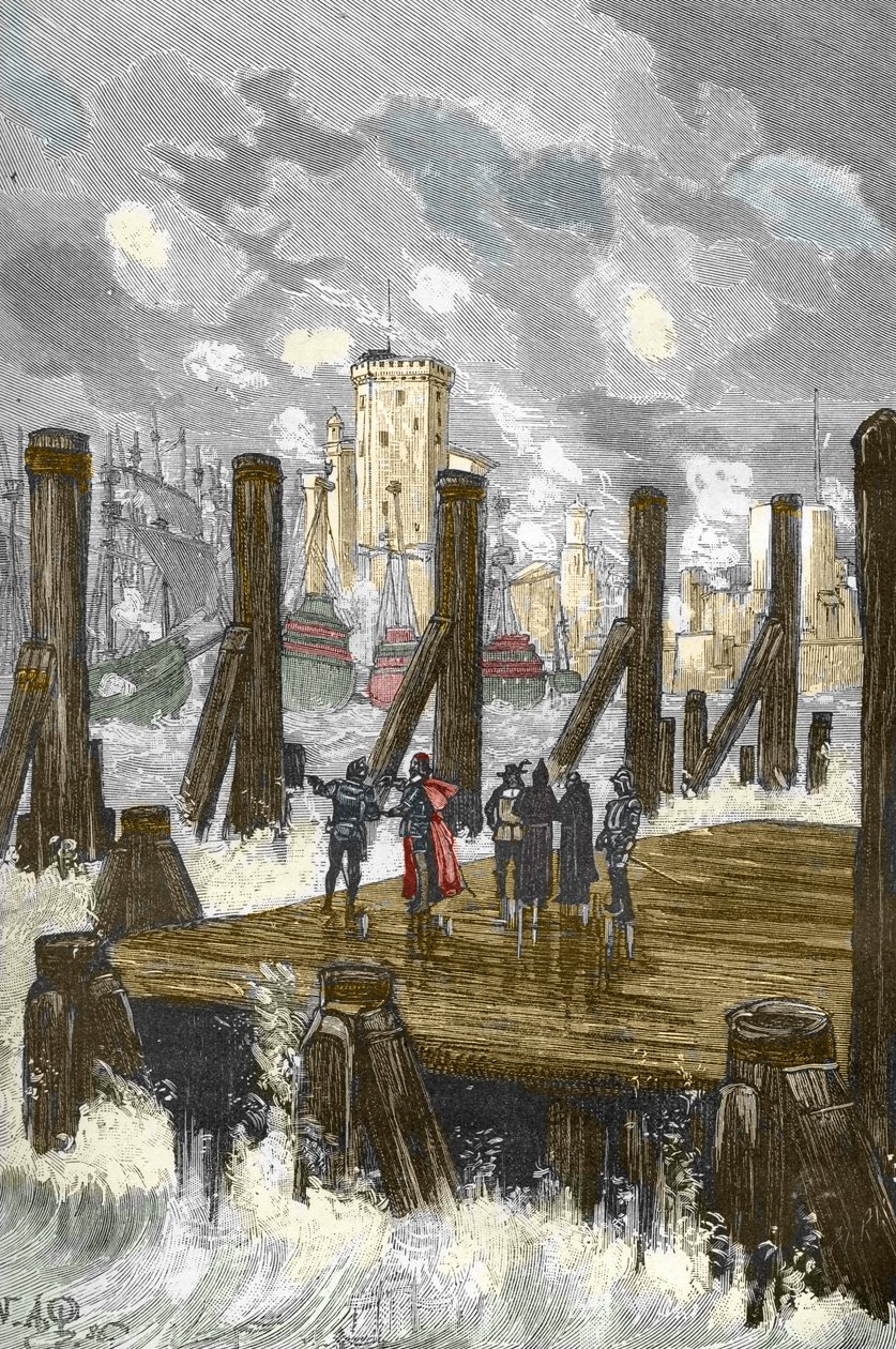 حصار لا روشيل (1627-1628): "" الكاردينال ريشيليو (1585-1642) على سد لاروشيل ، أثناء حصار المدينة ، ساحة البروتستانت في أكتوبر 1628 "" - الكاردينال دي ريشيليو في حصار لاروشيل في أكتوبر 1628) إنجرافي بواسطة فيكتور أرمان بوارسون