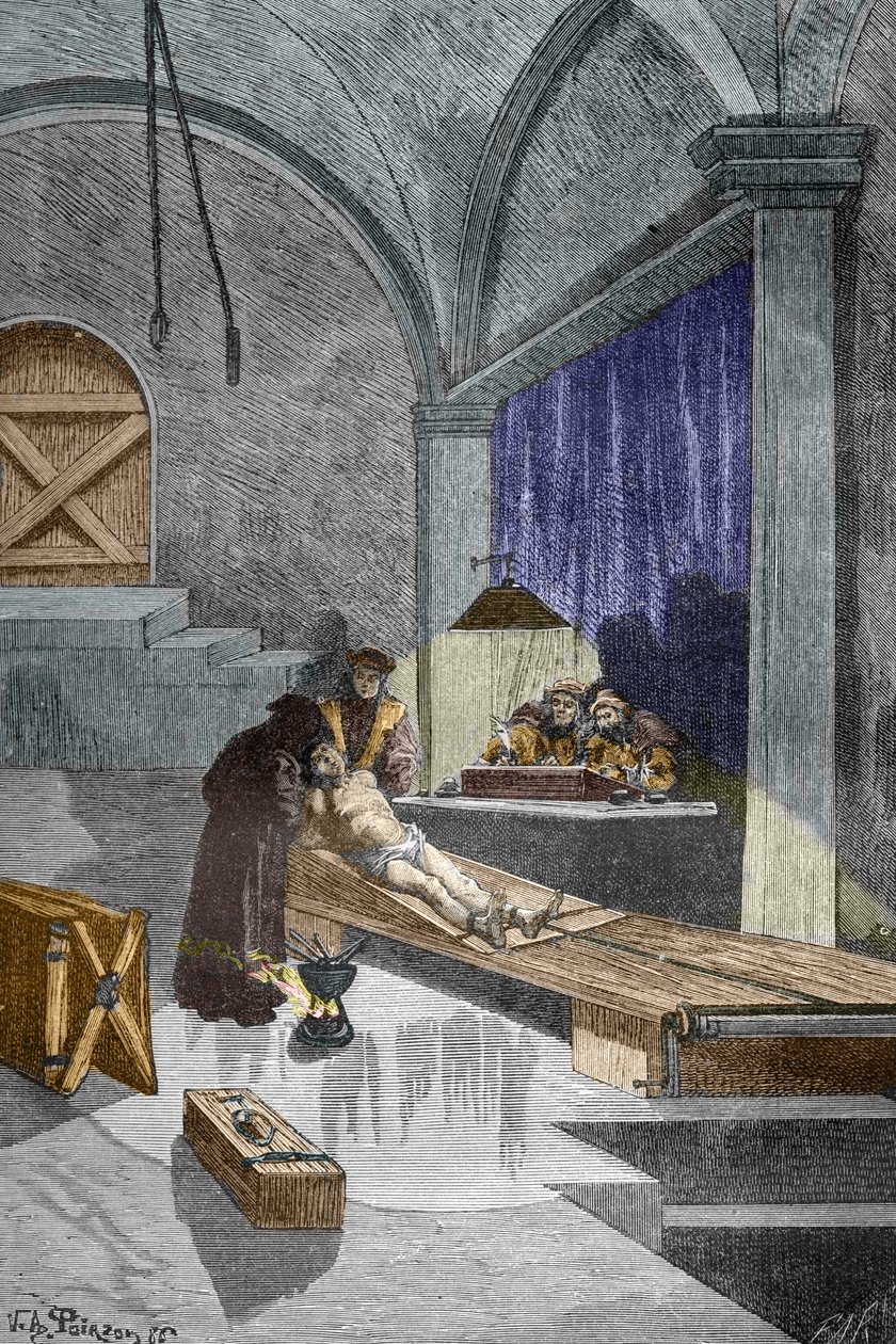 القس بيير أوبيتيت المتهم بالسحر وضع تحت التعذيب قبل أن يُحرق حياً ، 1588/5/25 (نقش) بواسطة فيكتور أرماند بوارسون