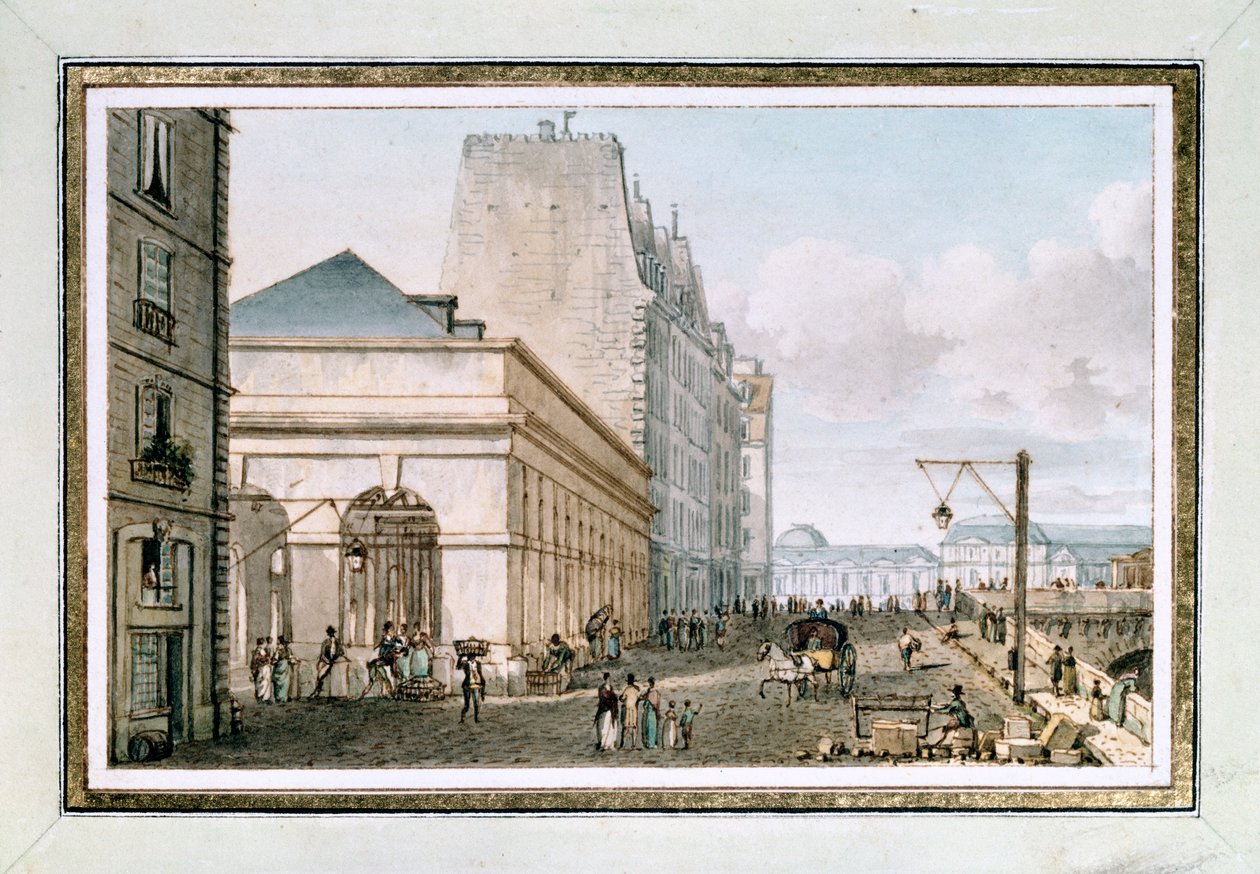 منظر لسوق الدواجن الجديد ، الواقع في Quai des Augustins بالقرب من Pont-Neuf ، باريس ، ج. 1810 (ألوان مائية) بواسطة فيكتور جان نيكول