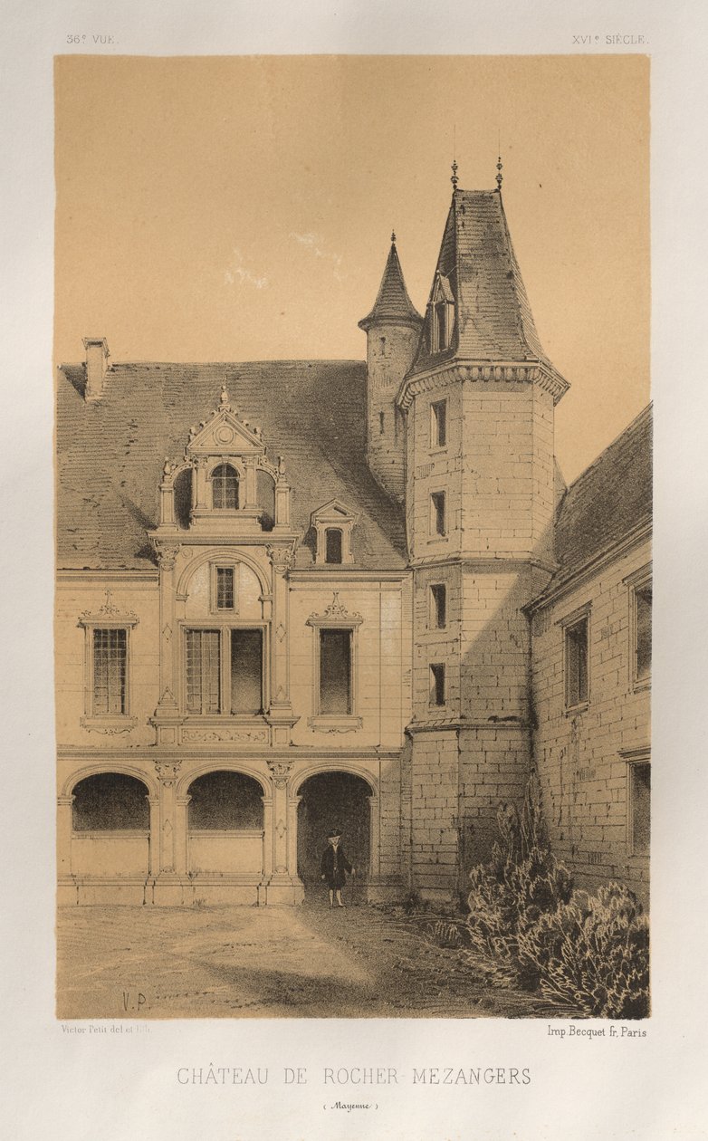 العمارة الخلابة أو آثار القرن الخامس عشر. والسادس عشر. قرون: Chateaux De France في القرنين الخامس عشر والسادس عشر: Pl.36 ، Château De Rocher Mezangers (Mayenne) بواسطة فيكتور بيتي
