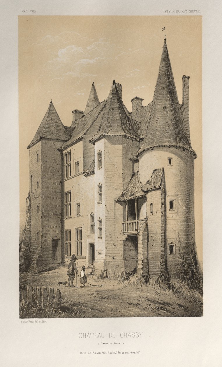 العمارة الخلابة أو آثار القرن الخامس عشر. والسادس عشر. قرون: Chateaux De France في القرنين الخامس عشر والسادس عشر: Pl. 45 Château De Chassy (Saône et Loire) بواسطة فيكتور بيتي