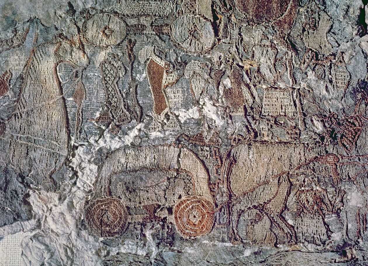 تفاصيل لحيوان يجر عربة ، من نسيج وجد مع سفينة Oseberg (نسيج) بواسطة الفايكنج