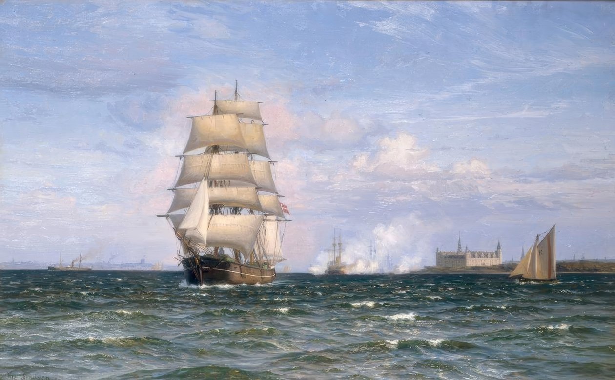 البارجة الدنماركية أمام قلعة Kronborg و Helsingor في المسافة بواسطة Vilhelm Arnesen