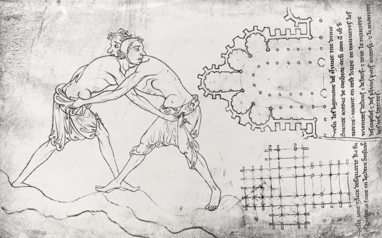 Ms.Fr.19093 fol.14v اثنان من المصارعين ، خطة كنيسة Cistercian وخطة جوقة نوتردام دي كامبراي (نسخة الفاكس) بواسطة فيلارد دي هونيكورت