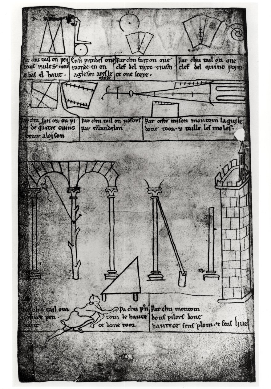 Ms.Fr.19093 fol.20v الأشكال الهندسية للبناء والأقواس ورجل قياس ارتفاع البرج (نسخة الفاكس) بواسطة فيلارد دي هونيكورت