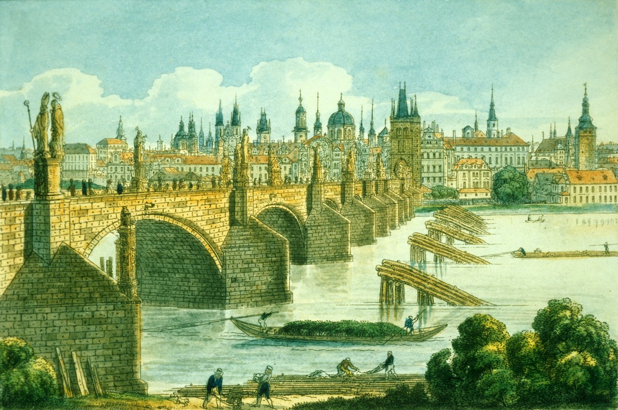 البلدة القديمة في براغ من جزيرة كامبا ، c.1830 (النقش الملون) بواسطة فينسنس مورستادت