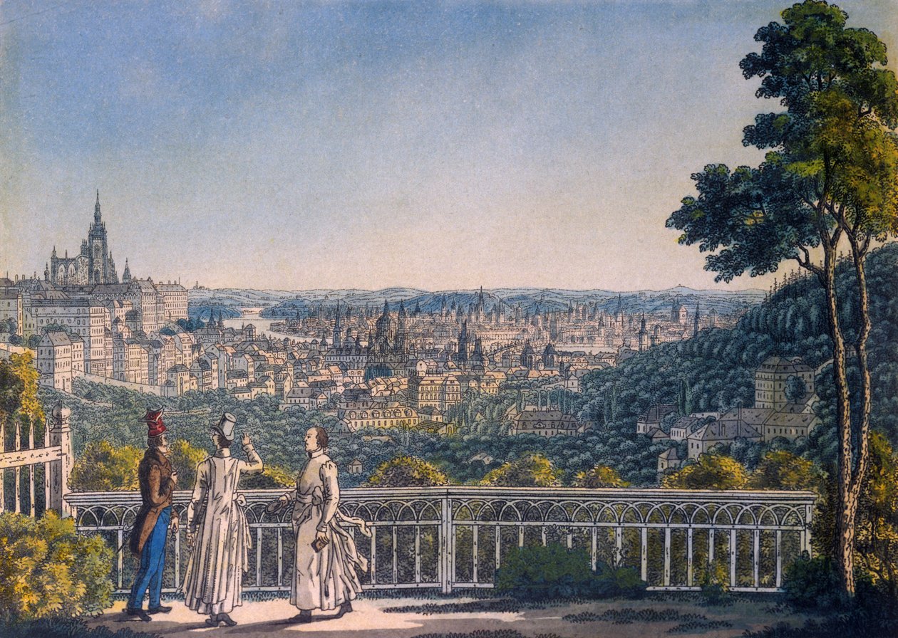 منظر لبراغ من حديقة دير ستراهوف ، 1835 (الحفر الملون) بواسطة فينسنس مورستادت