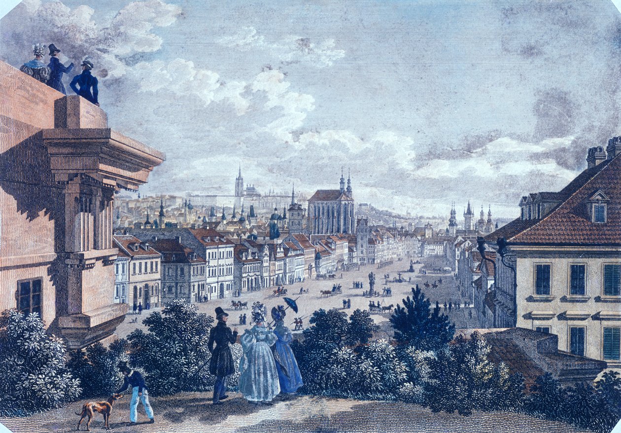 سوق الخيل في ساحة فاتسلاف ، براغ ، 1835 (نقش الفولاذ الملون) بواسطة فينسنت وجيسلر ، ف