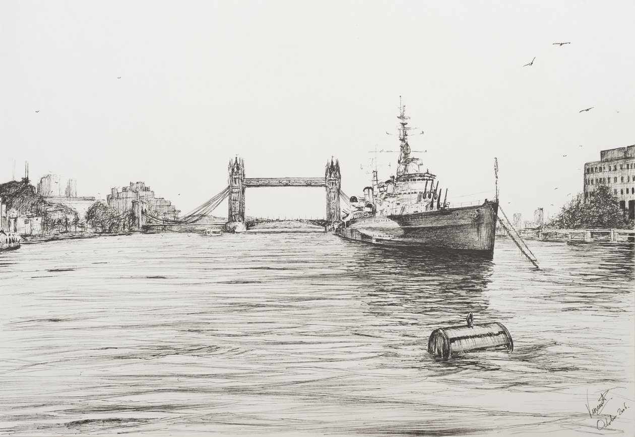 HMS Belfast on the Thames London، 2006، (Ink on Paper) بواسطة فنسنت الكسندر بوث